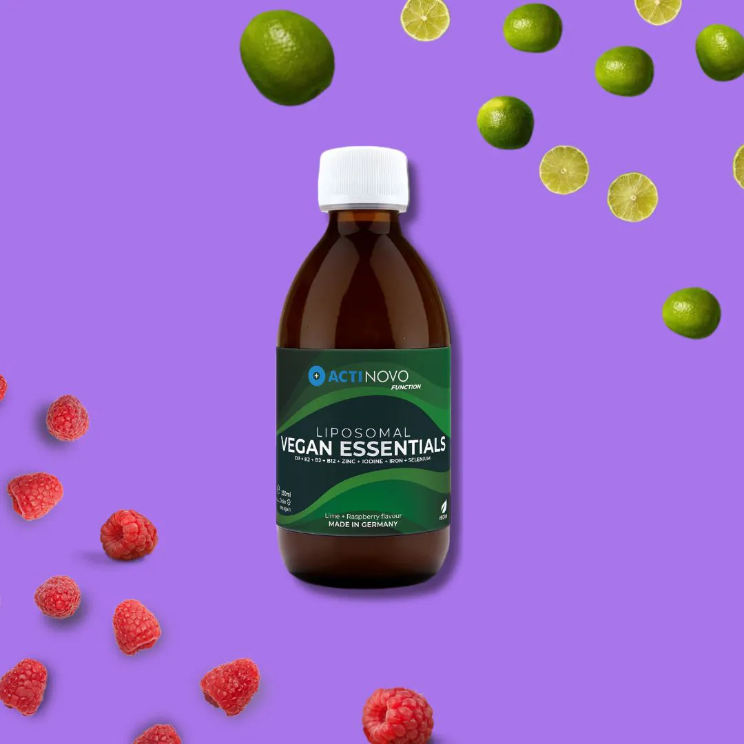 Vegan essentials with raspberries and limes on a purple background