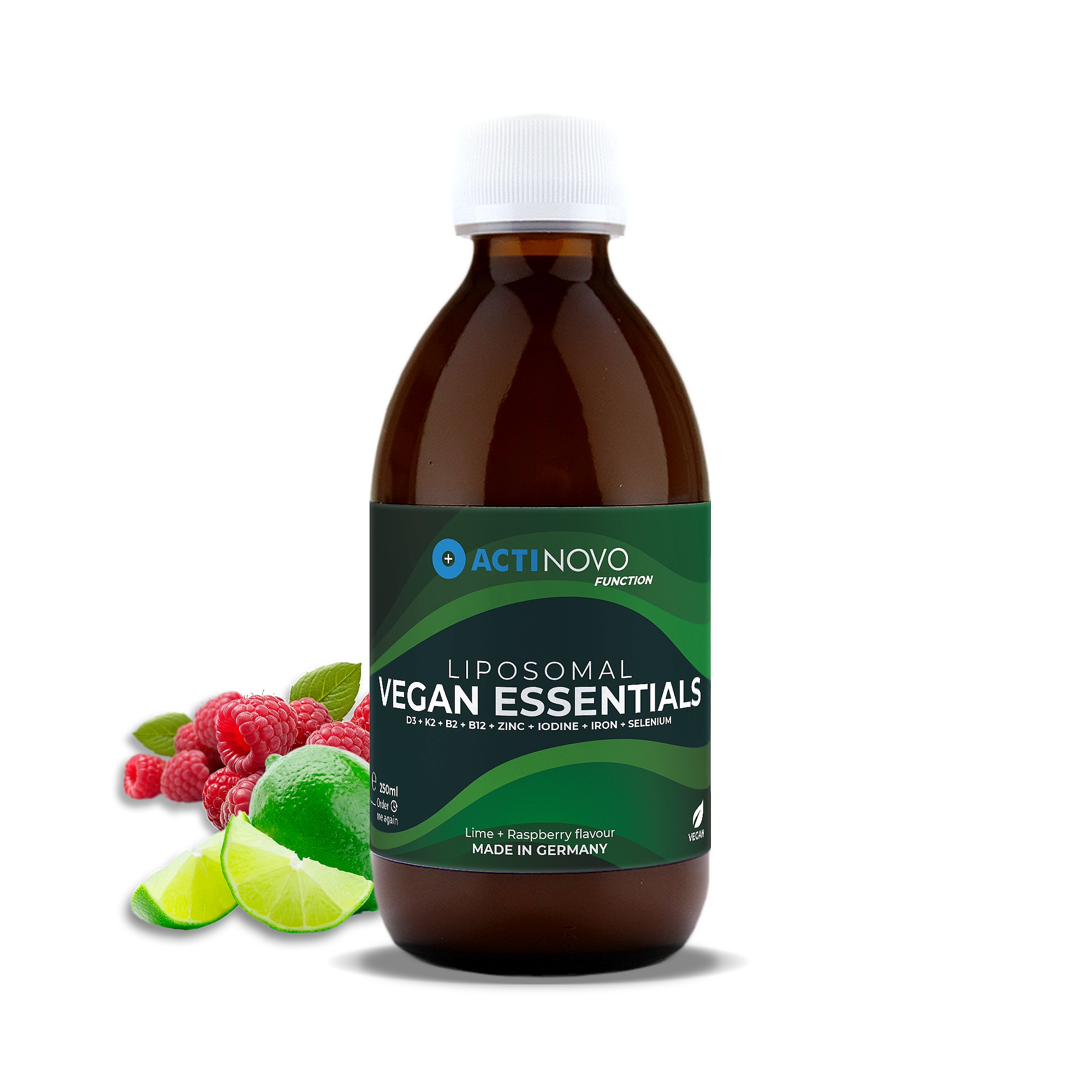 Product photo of liposomal Vegan Essentials with raspberries and lime